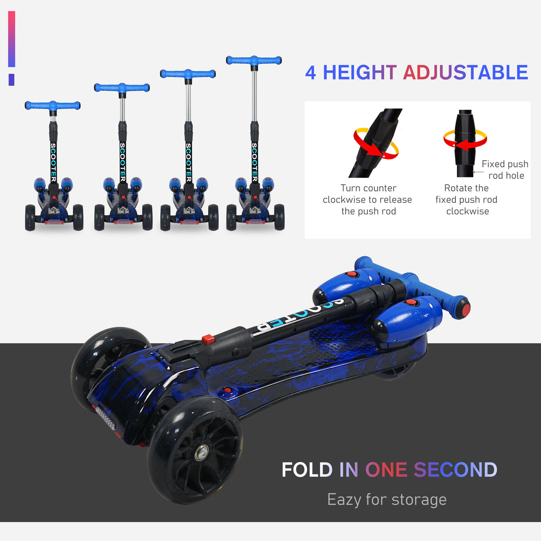 Kids Scooter, 3 Wheel Foldable Kick Scooter Adjustable Height w/ Flashing Wheels, Music, Water Spray for 3-6 Years, Blue