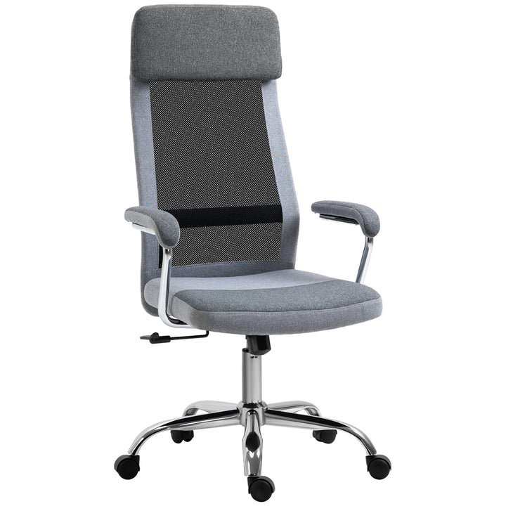 Office Chair, Ergonomic Desk Chair, High Back Computer Chair with Adjustable Height, Swivel Rolling Wheels, Mesh Back and Linen-Feel Fabric Seat for Home and Study, Grey