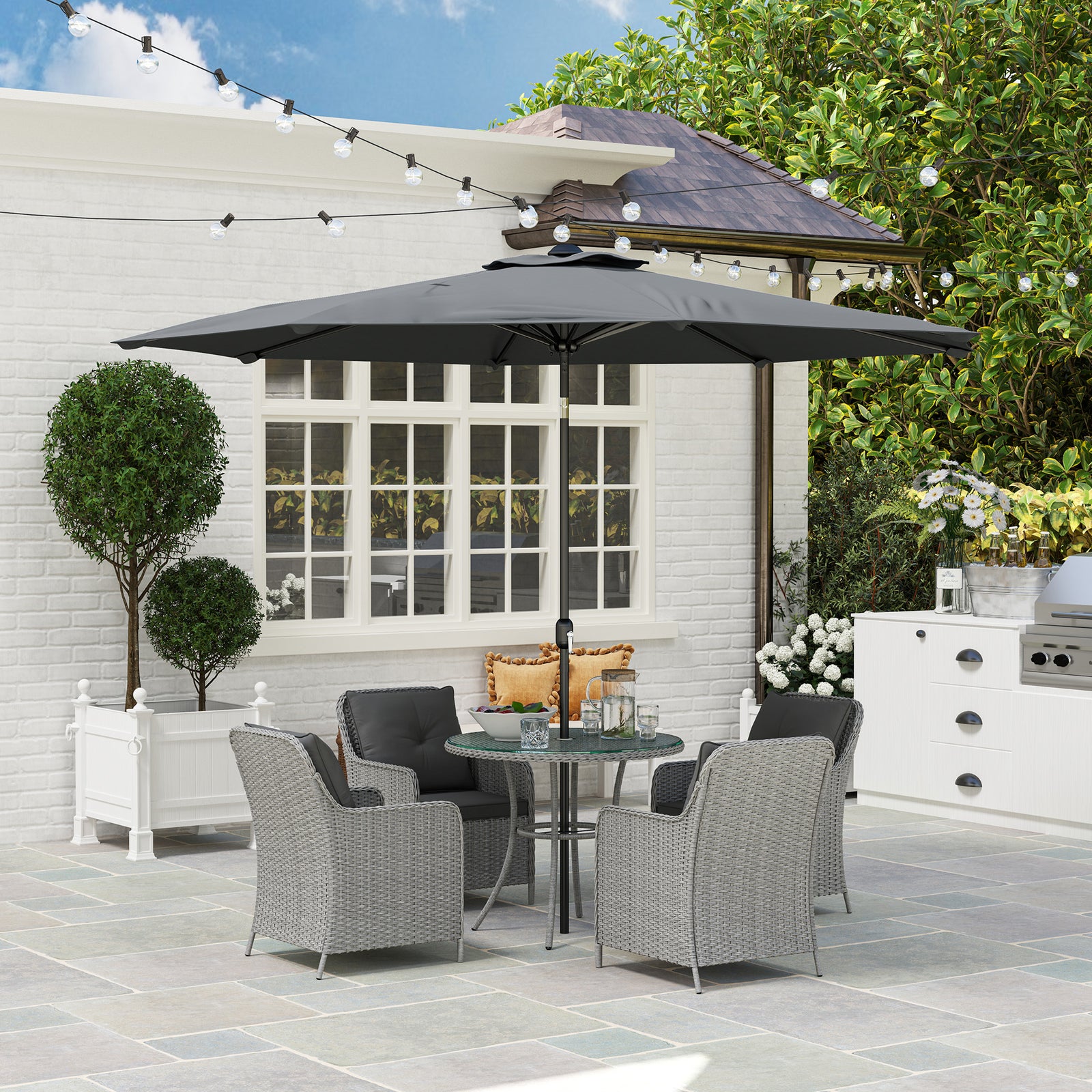 4 Seater Rattan Dining Set with Parasol & Cushions - Light Grey