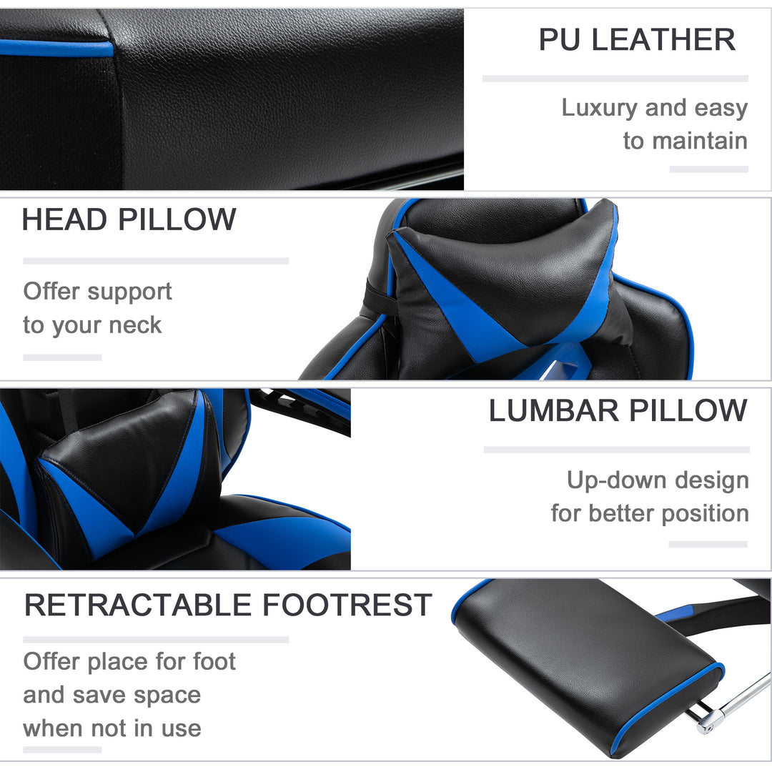 Faux Leather Reclining Gaming Chair, with Footrest - Blue/Black