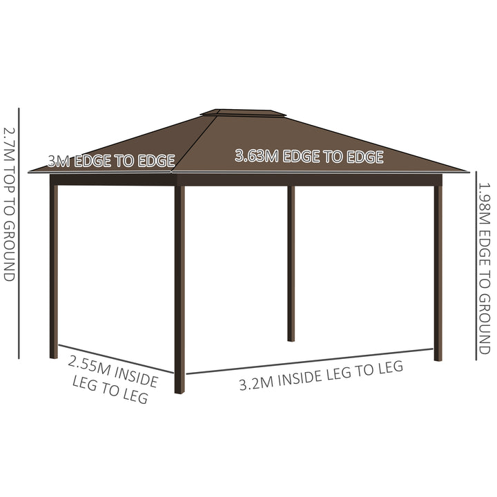 Outsunny 3.6 x 3(m) Outdoor Hardtop Gazebo Metal Roof Patio Gazebo with Aluminum Frame, Mesh Nettings, Curtains, & Roomy Interior Space, Brown