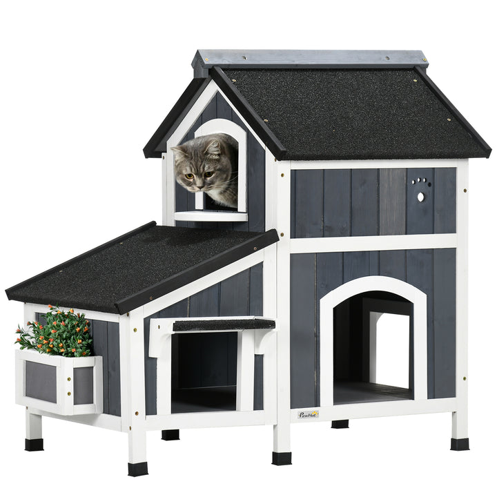 PawHut Wooden Cat House Outdoor with Flower Pot, 2 Tiers Cat Shelter with Window, Multiple Entrances, Water-resistant Roof, Grey