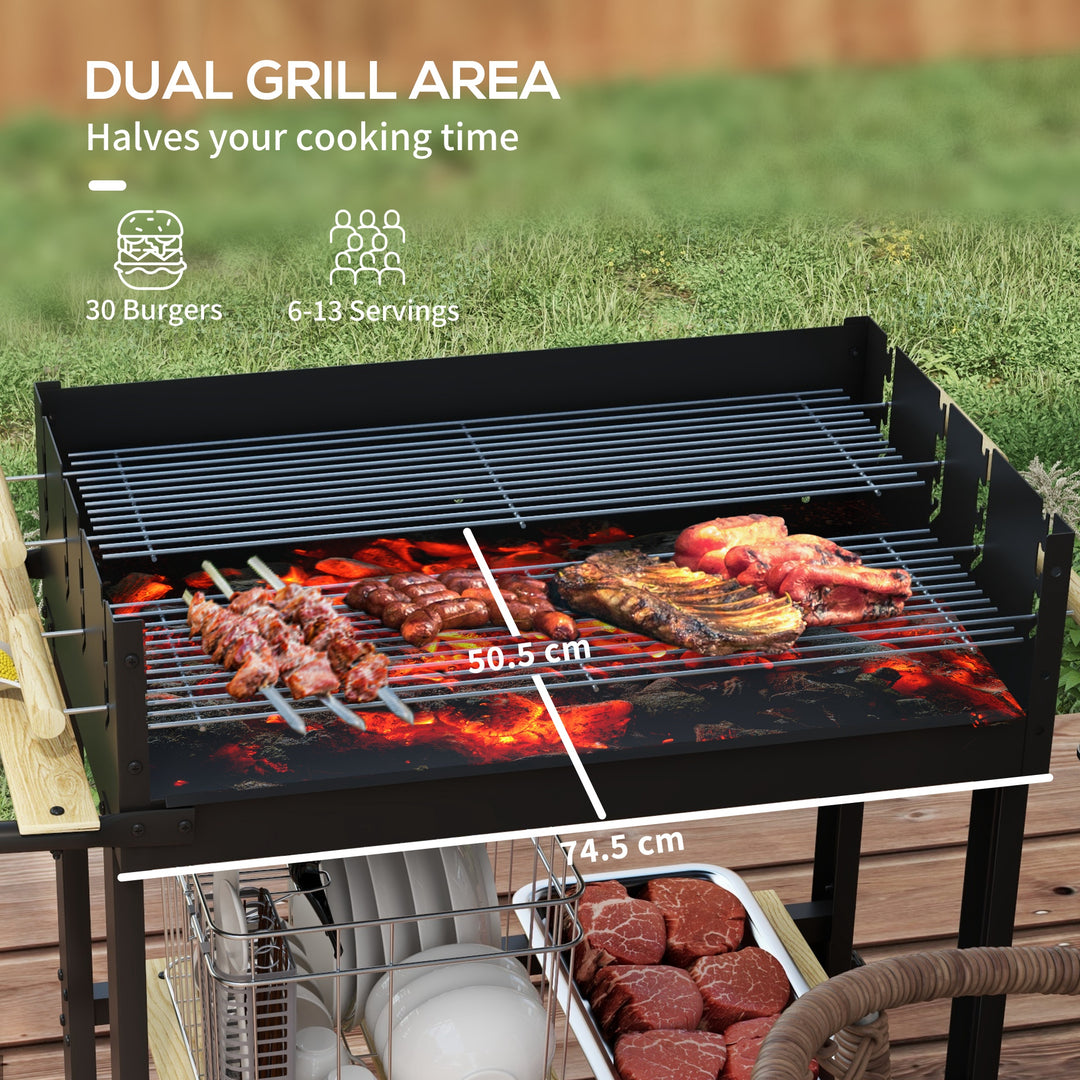 Charcoal BBQ Grill, Barbecue Trolley with Double Adjustable Grill, Side Table, Storage Shelf and Wheels for Outdoor Garden Party Cooking, Black
