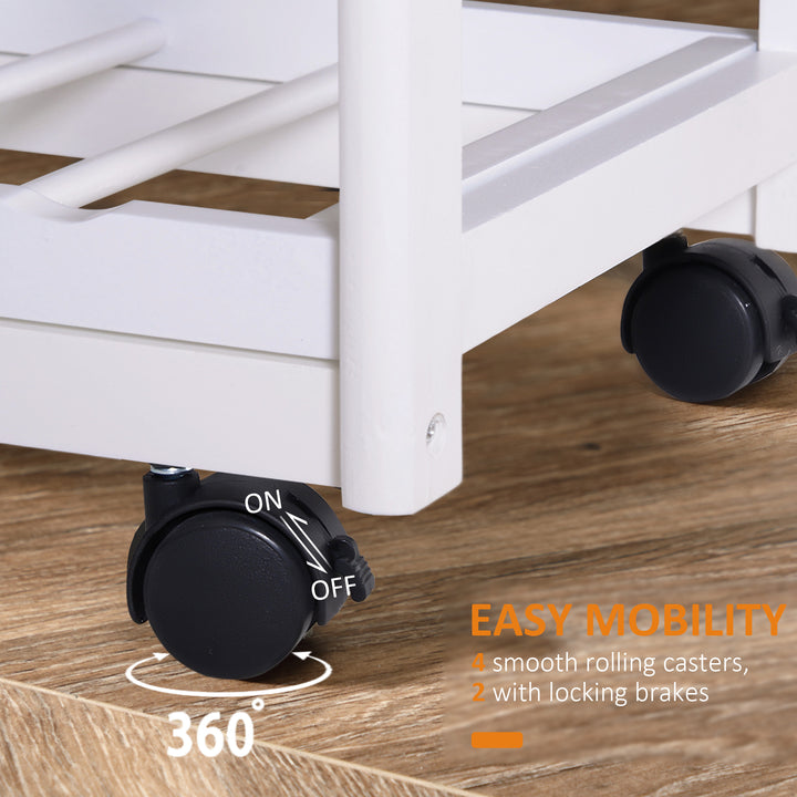 MCL Rolling Kitchen Island Trolley Cart Drawer Shelves Basket Wheels W/  6 Bottle Wine Rack White