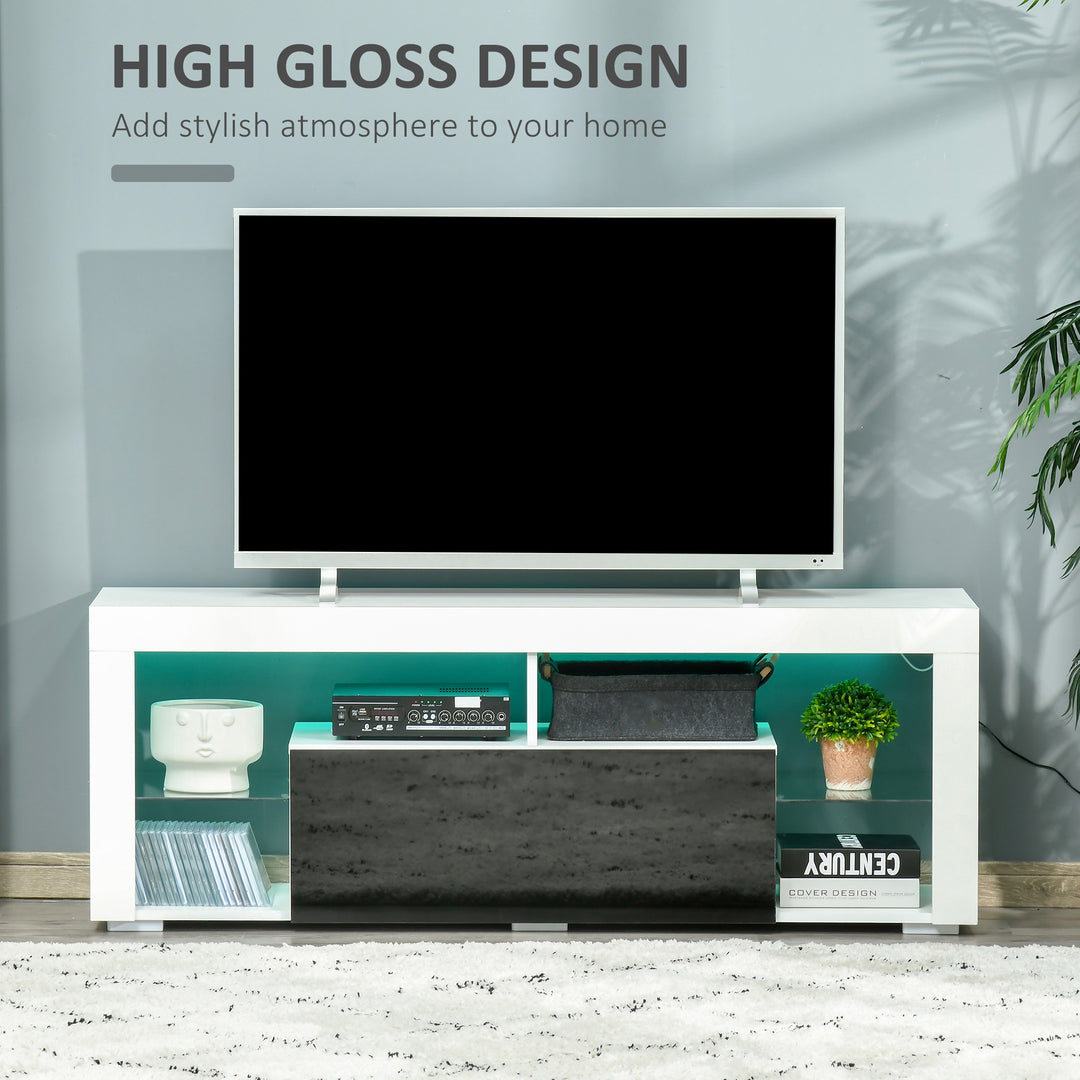 TV Unit, LED TV Stand Cabinet, High Gloss TV Table with Lights and Storage Shelf for 55 inch TVs for Living Room, Bedroom, Black and White