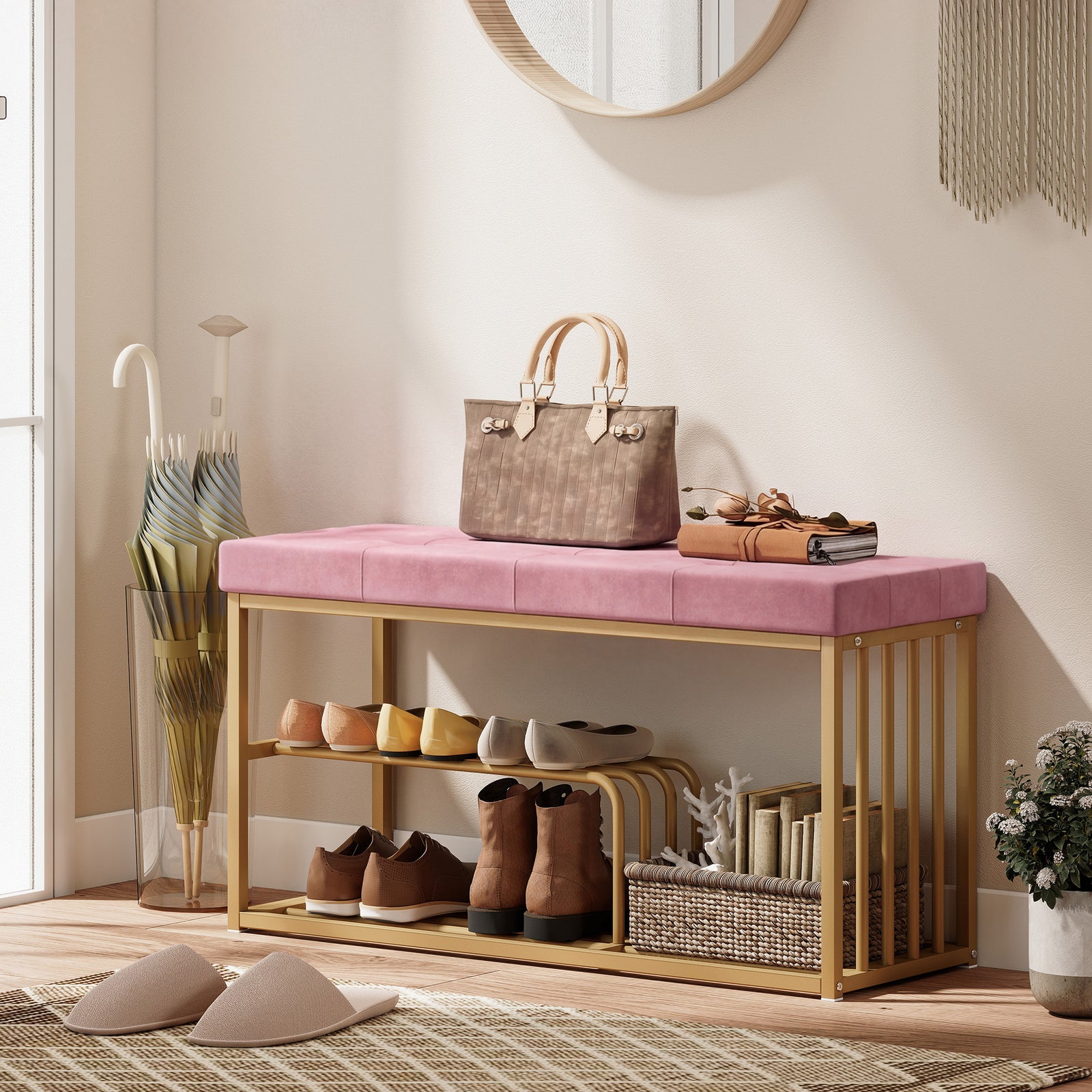 Bench and Shoe Storage, Tufted Shoe Storage Bench with Velvet Seat Cus