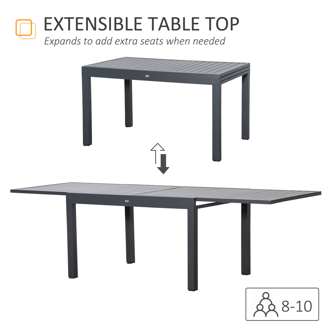 Extendable Garden Table 135-270cm x 90cm x 75cm, 10 Seater Outdoor Dining Table with Aluminium Frame for Lawn, Balcony and Backyard, Grey