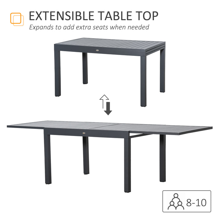 Extendable Garden Table 135-270cm x 90cm x 75cm, 10 Seater Outdoor Dining Table with Aluminium Frame for Lawn, Balcony and Backyard, Grey