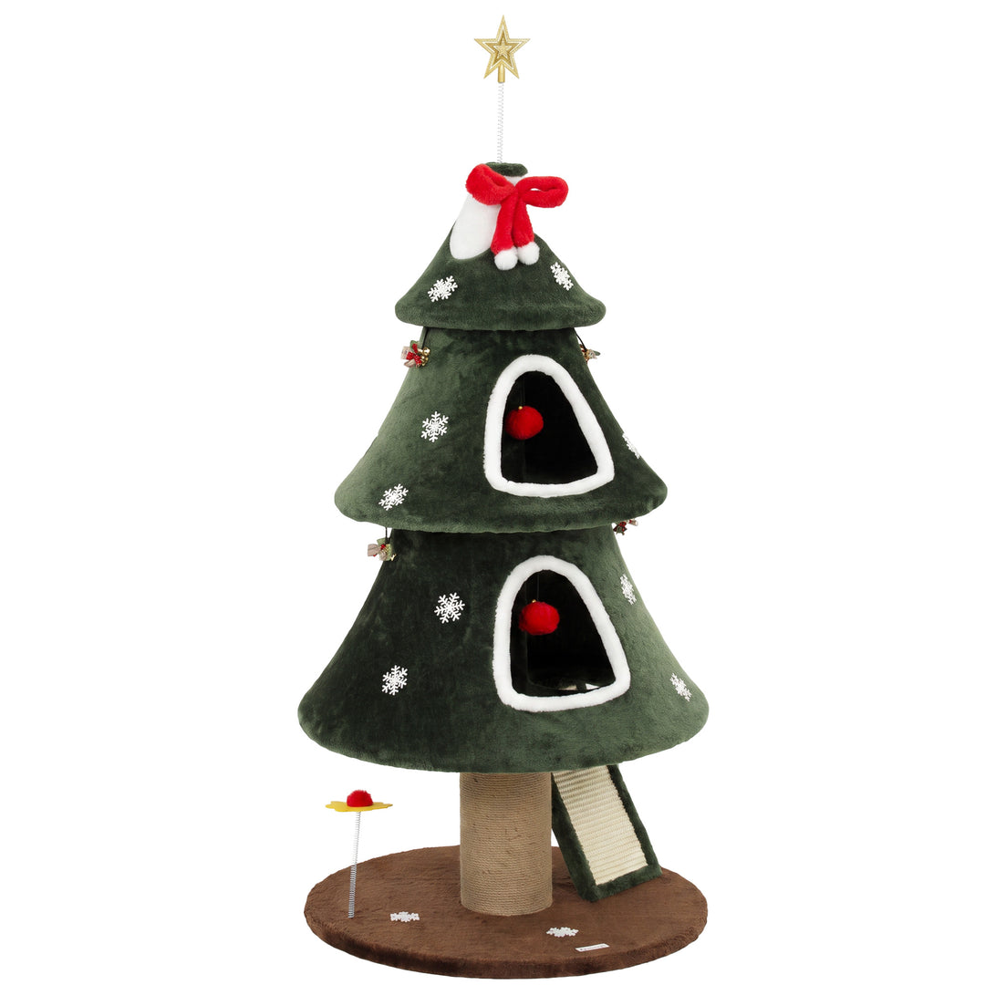 Cat Tree, Christmas Cat Tower with Dual Condos, Sisal Ladder, Jute Pos