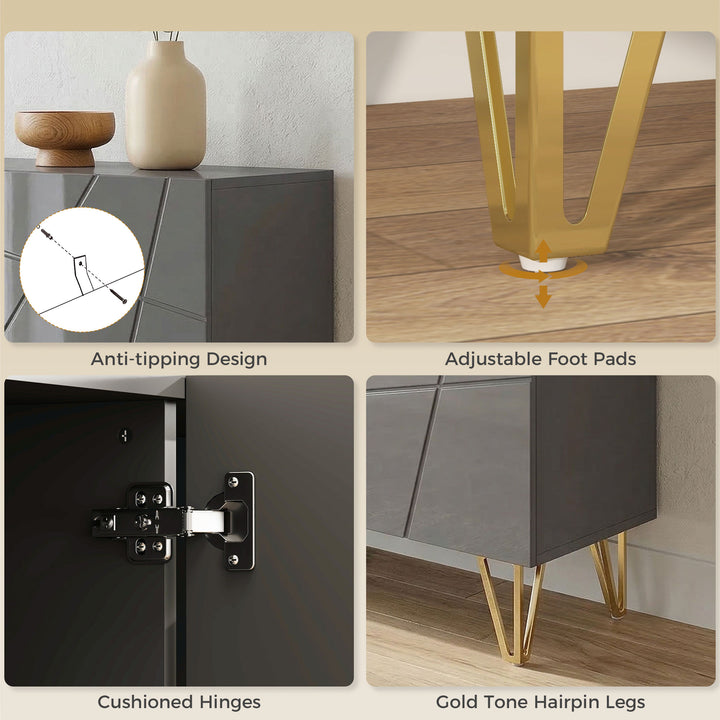 Modern Luxe High Gloss Sideboard, with Hairpin Legs, Grey