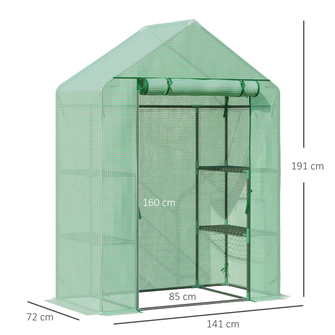 MCL Walk In Greenhouse with Shelves, Portable Gardening Plant Grow House for Outdoor with 2 Tier Shelf, Roll-Up Zippered Door, PE Cover, 141 x 72 x 191cm, Green