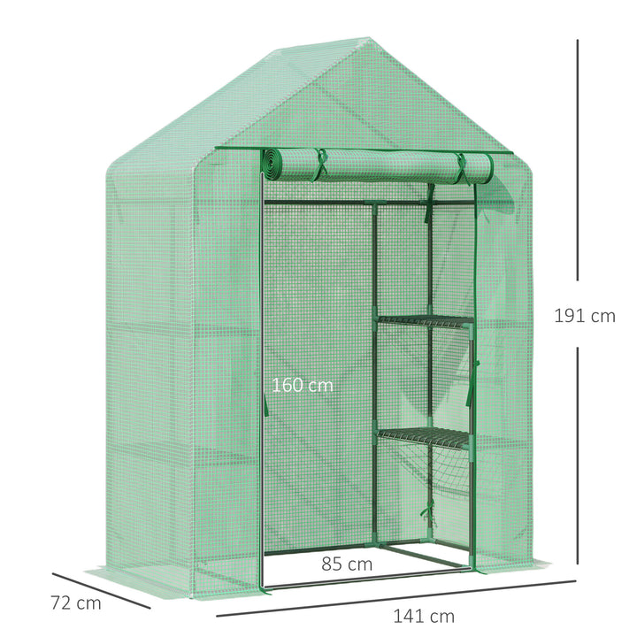 MCL Walk In Greenhouse with Shelves, Portable Gardening Plant Grow House for Outdoor with 2 Tier Shelf, Roll-Up Zippered Door, PE Cover, 141 x 72 x 191cm, Green