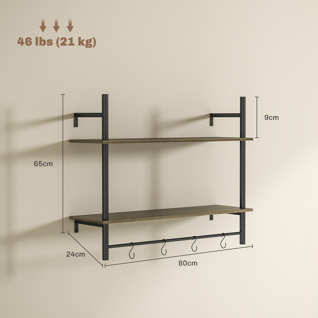 Wall Mounted Floating Shelves with 4 Hooks, Rustic Wall Shelf Unit for Living Room, Entryway, Grey