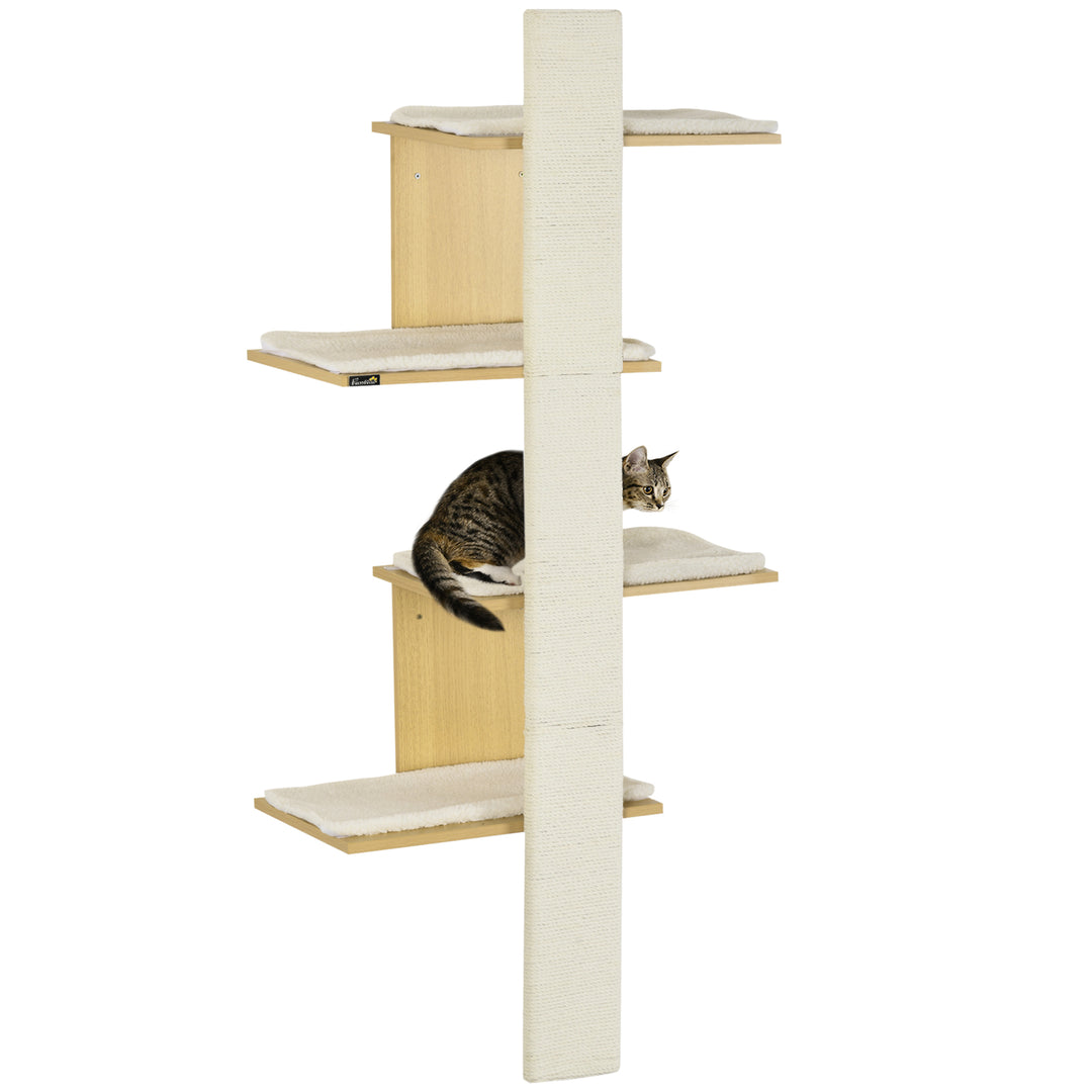 Four-Layer Wall-Mounted Shelf, with Cushions, Scratching Board - Oak Tone