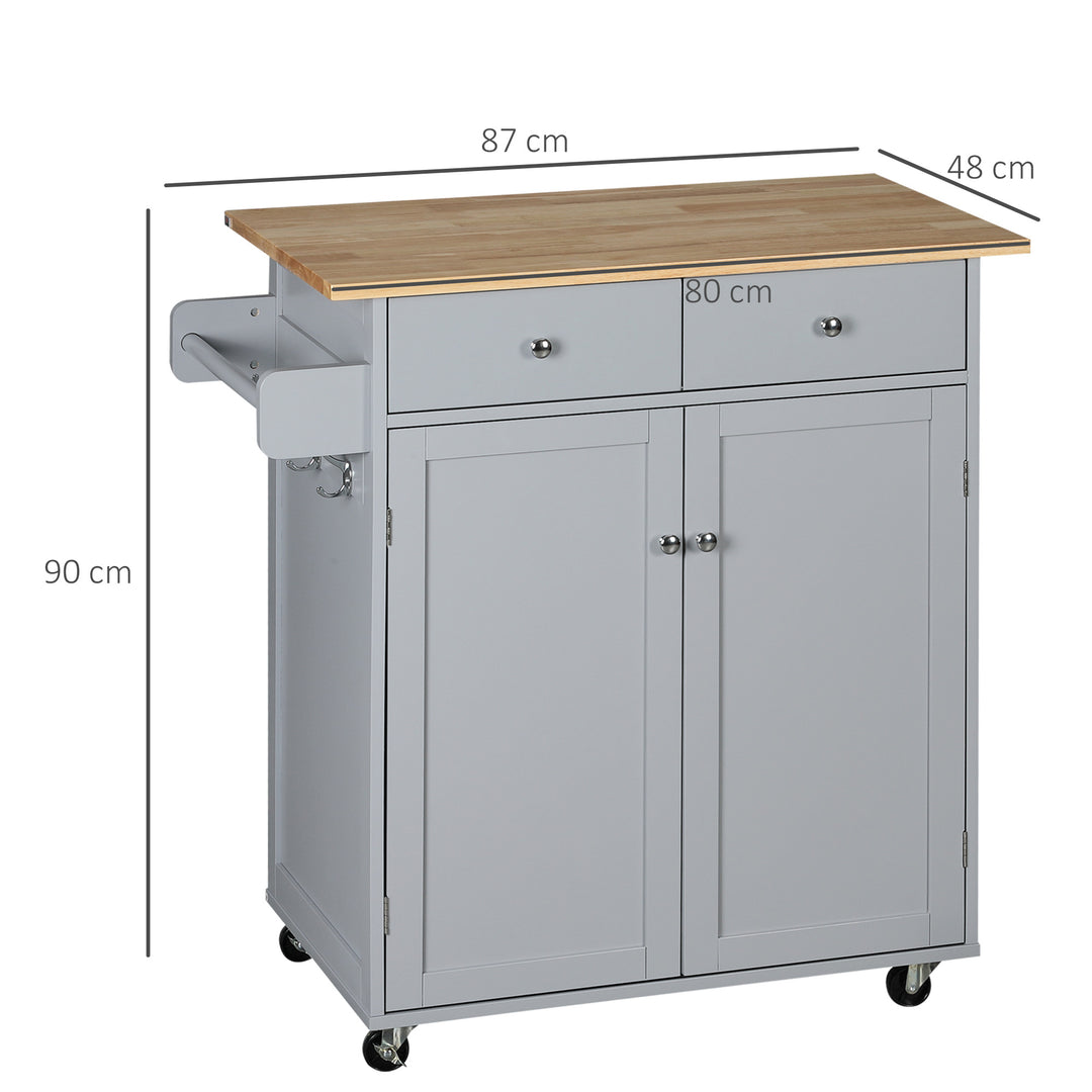 MCL Rolling Kitchen Island on Wheels, Utility Serving Cart with Rubber Wood Top, Towel Rack, Hooks and Storage Drawers, Grey