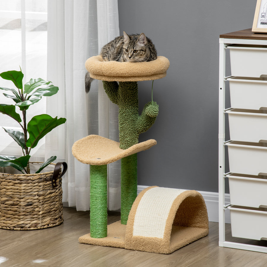 72cm Cat Tree, with Top Bed, Curved Pad, Sisal Scratching Post - Beige & Green