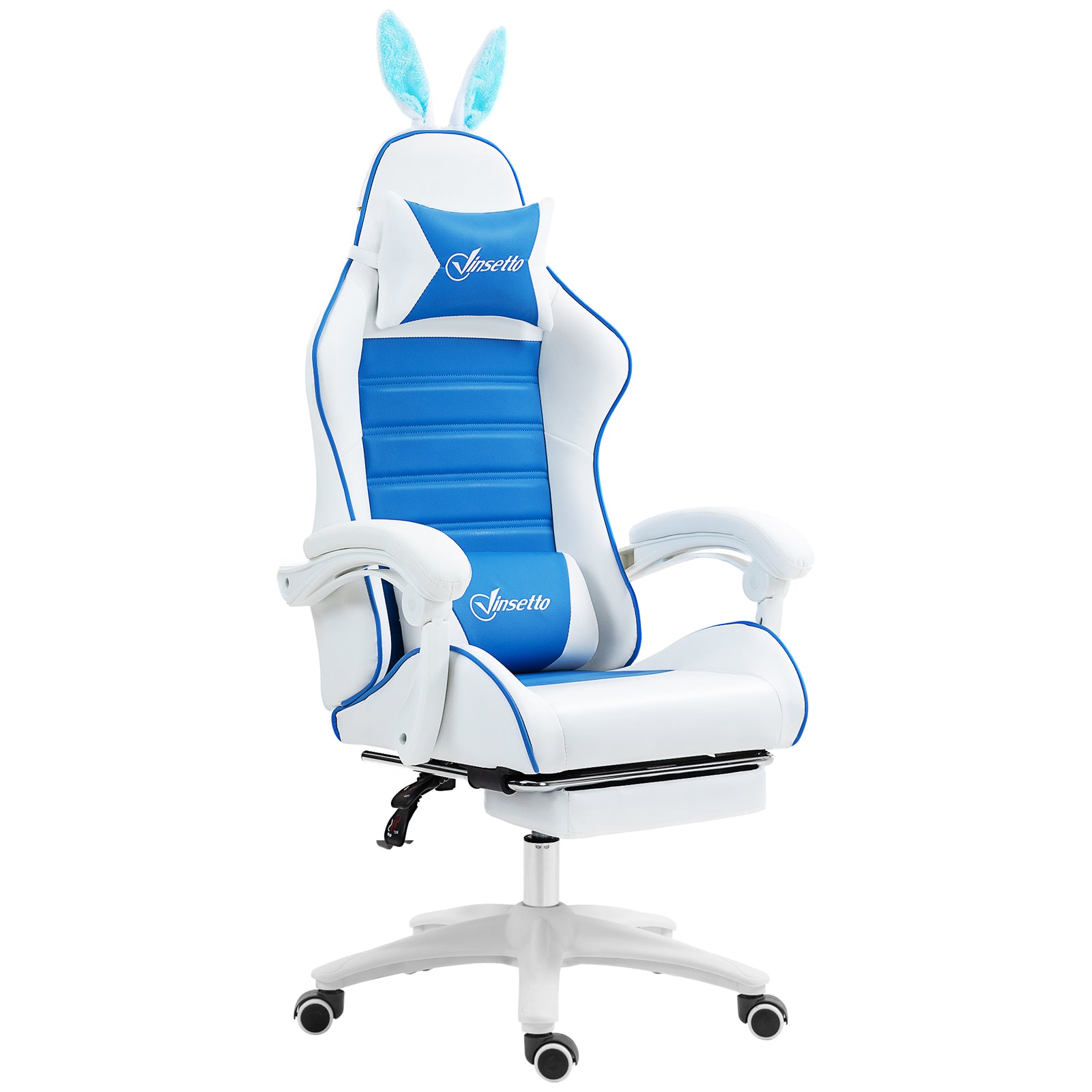 Racing Gaming Chair, Reclining PU Leather Computer Chair with Removable Rabbit Ears, Footrest and Lumber Support, Blue