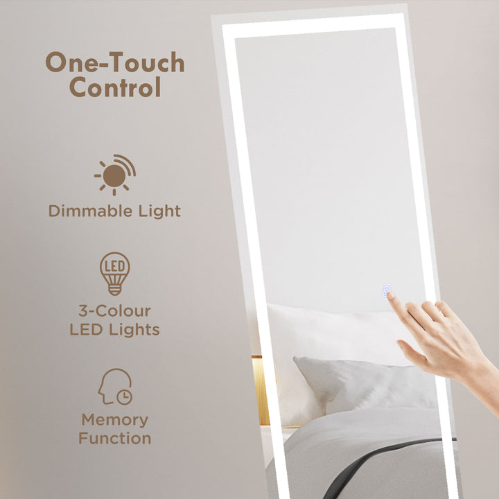 HOMCOM LED Dressing Mirror, Free Standing or Wall Mounted Bedroom Mirror with Dimmable & 3 Colour Lighting, White | Aosom UK