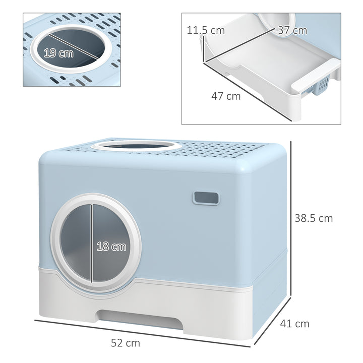 Enclosed Cat Litter Box, with Lid, Front Entry, Top Exit, Pull-Out Tray, Scoop - Blue