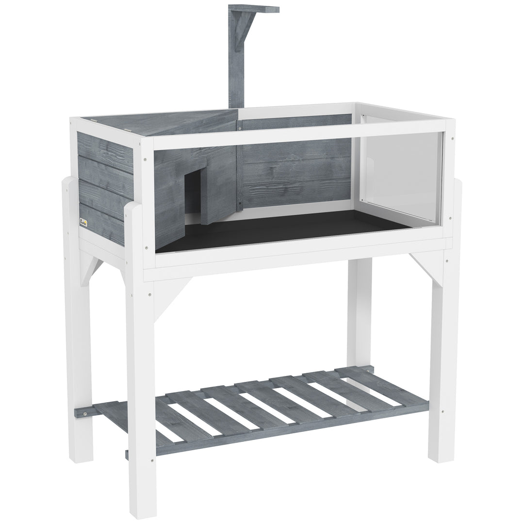 Wooden Tortoise House with Storage Shelf, Clear Observation Windows, Lamp Holder, Openable Top, Built-in Tray, Grey