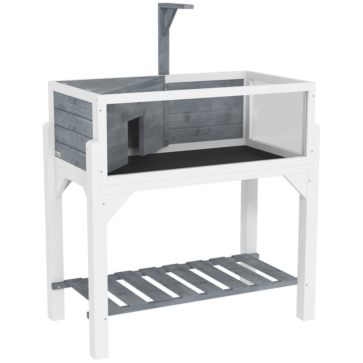 Wooden Tortoise House with Storage Shelf, Clear Observation Windows, Lamp Holder, Openable Top, Built-in Tray, Grey