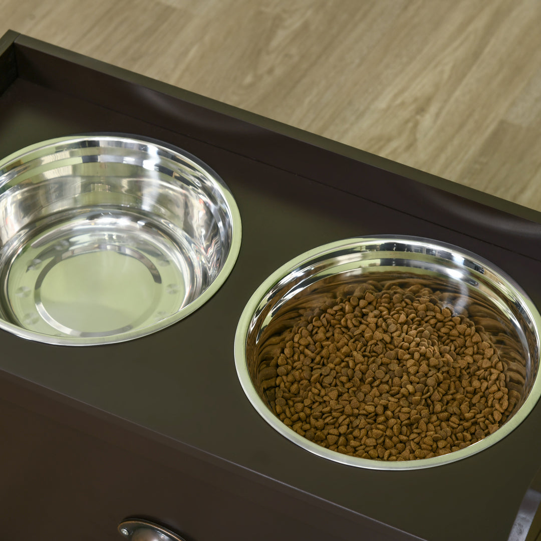 PawHut Stainless Steel Raised Dog Bowls, with 21L Storage Drawer for Large Dogs - Brown | Aosom UK