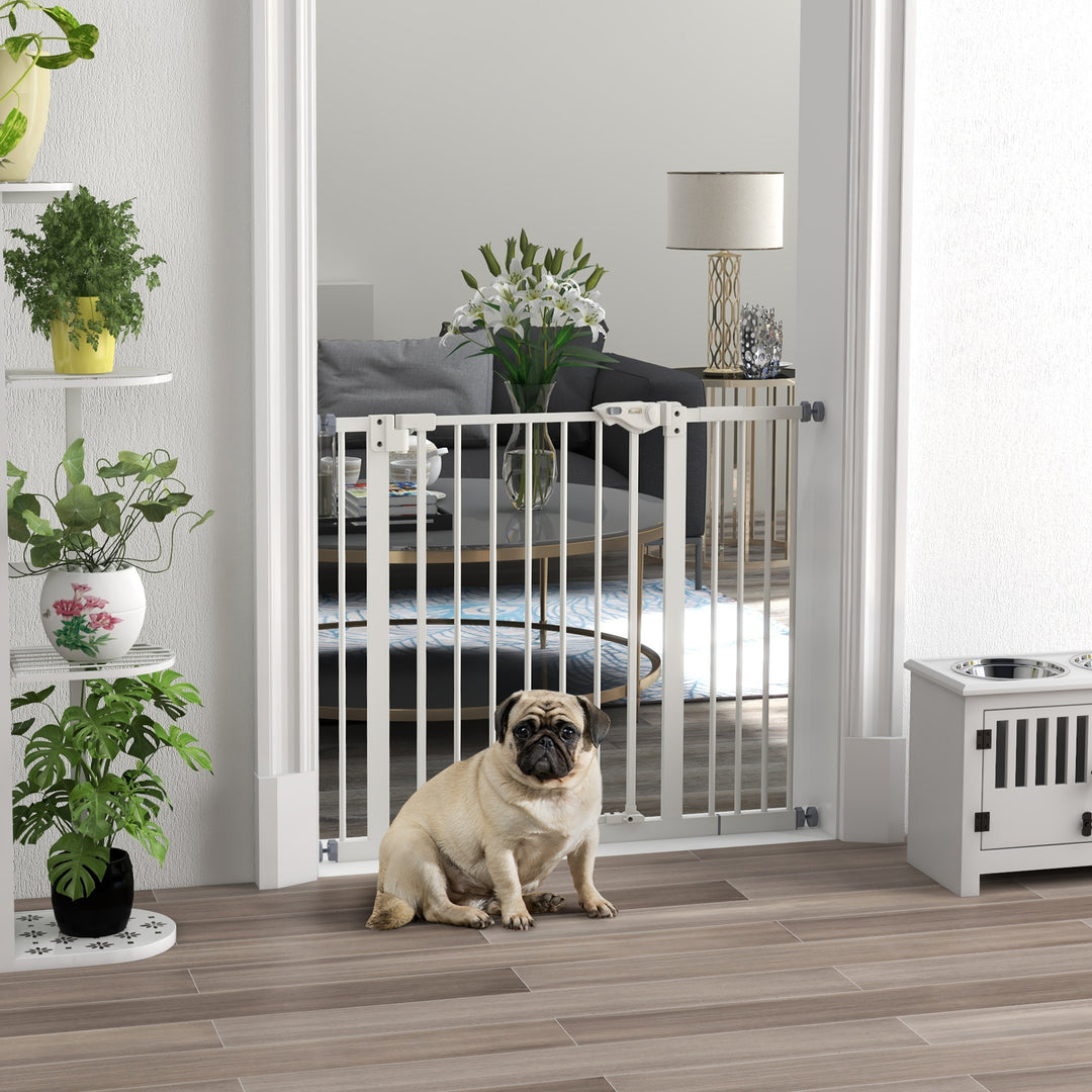 PawHut Flexible Pet Gate: Adjustable Metal Barrier for Dogs, 74-94cm Width, Secure Fit, White | Aosom UK