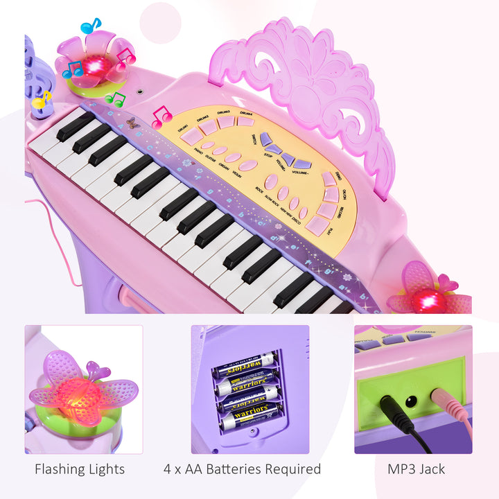 HOMCOM Electronic Organ for Kids, Mini Piano with Microphone and Stool, Interactive Music Play, Purple/Pink | Aosom UK