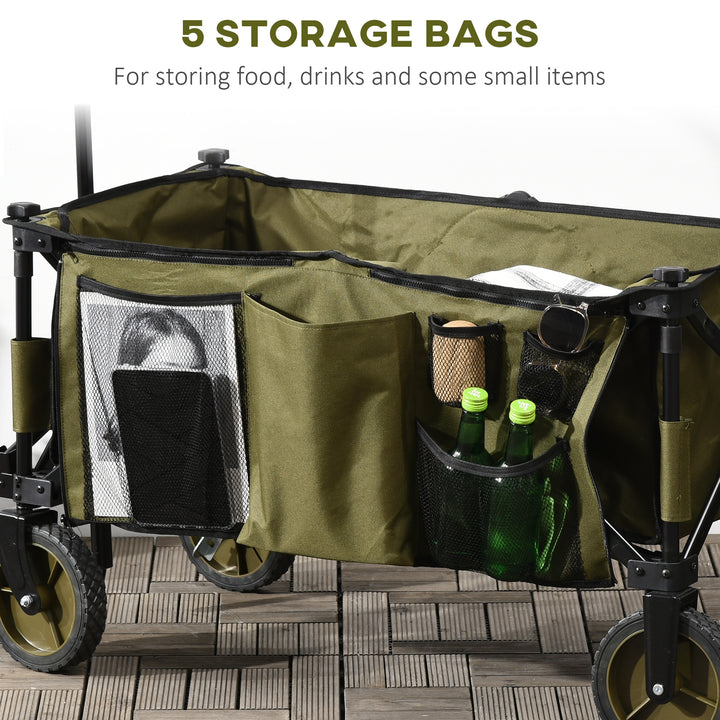 Folding Garden Trolley, Cargo Trailer on Wheels, Collapsible Camping Trolley with Folding Board, Outdoor Utility Wagon with Steel Frame and Oxford Fabric, Green