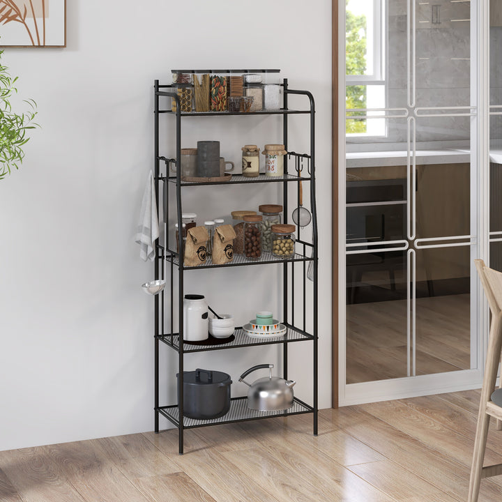 HOMCOM 5-Tier Kitchen Storage Unit, Microwave Stand w/ 5 Mesh Open Shelves & 4 Hooks, Modern Coffee Bar Station w/ Steel Frame for Home | Aosom UK