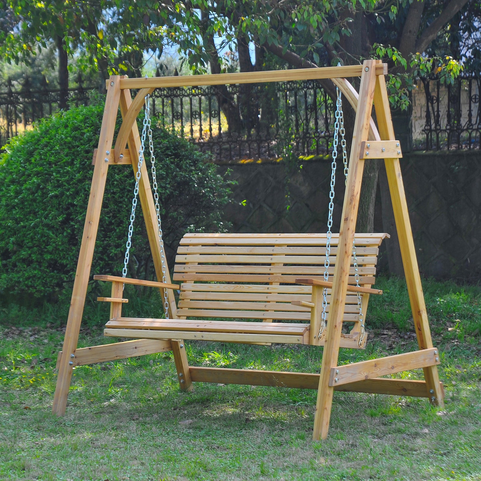 2 Seater Garden Swing Seat, Wooden Swing Chair Bench with Cup Holders for Outdoor Porch Patio, Natural