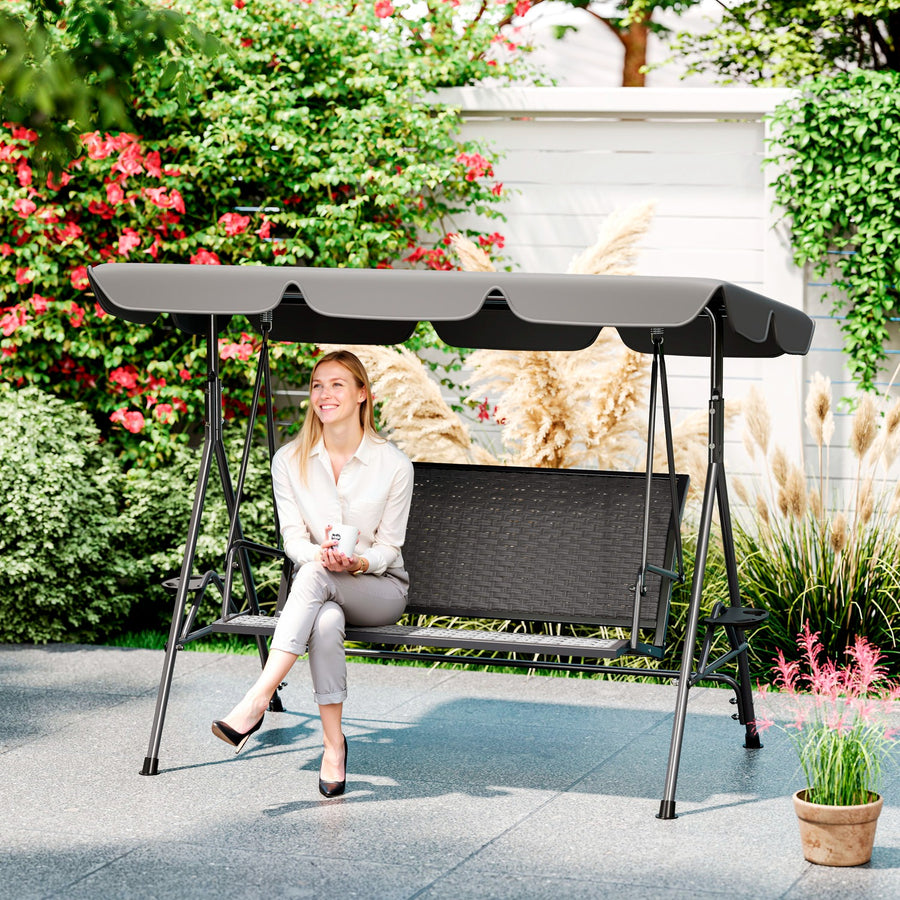 3 Seater Swing Chair, Garden Swing Seat Bench with Adjustable Canopy, Rattan Seat and Steel Frame for Patio, Yard, Grey