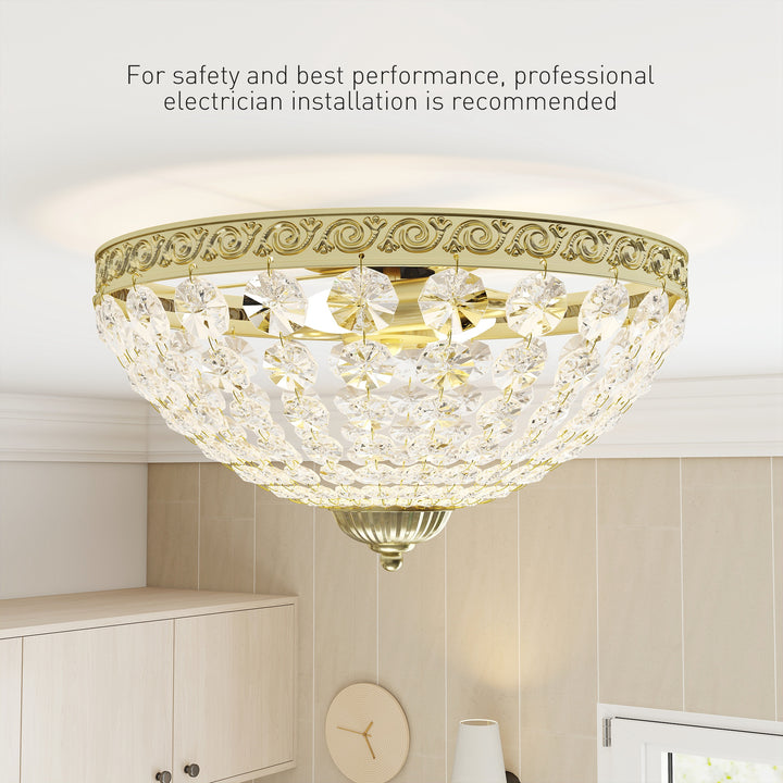 MCL Crystal Chandelier Ceiling Light with 168 Octagonal Beads, Vintage 2-Light Flush Mount Ceiling Light for Living Room, Bedroom, Hallway, Dining Room, Gold Tone