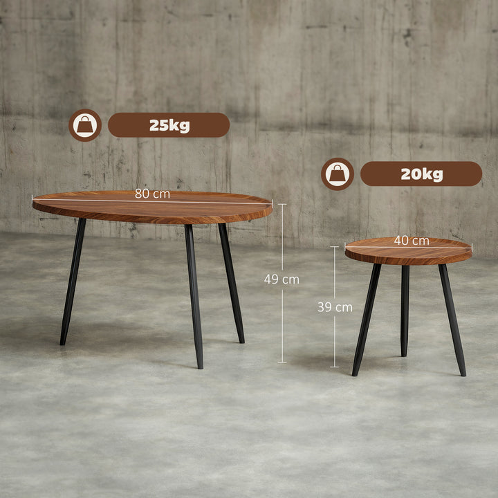 Nesting Coffee Table Set of 2, 80cm Modern Stacking End Side Table with Metal Legs for Living Room Bedroom Office, Chestnut Wood Effect