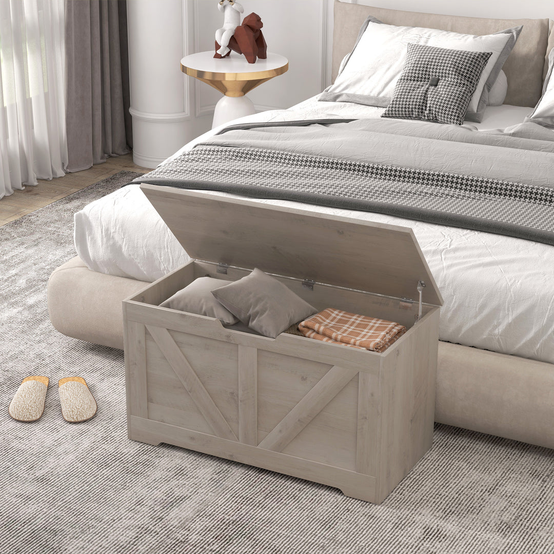 100L Home Storage Box, with Safety Hinges - Grey Wood-Effect