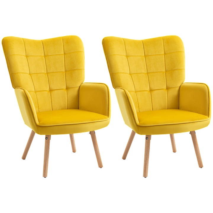 HOMCOM Modern Accent Chair Velvet-Touch Tufted Wingback Armchair Upholstered Leisure Lounge Sofa w/ Wood Legs, Set of 2, Yellow | Aosom UK