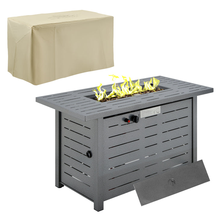 MCL Propane Gas Fire Pit Table, 50000BTU Smokeless Firepit Outdoor Patio Heater with Protective Cover, Lava Rocks and Lid, 107cm x 51cm x 63cm, Silver Grey