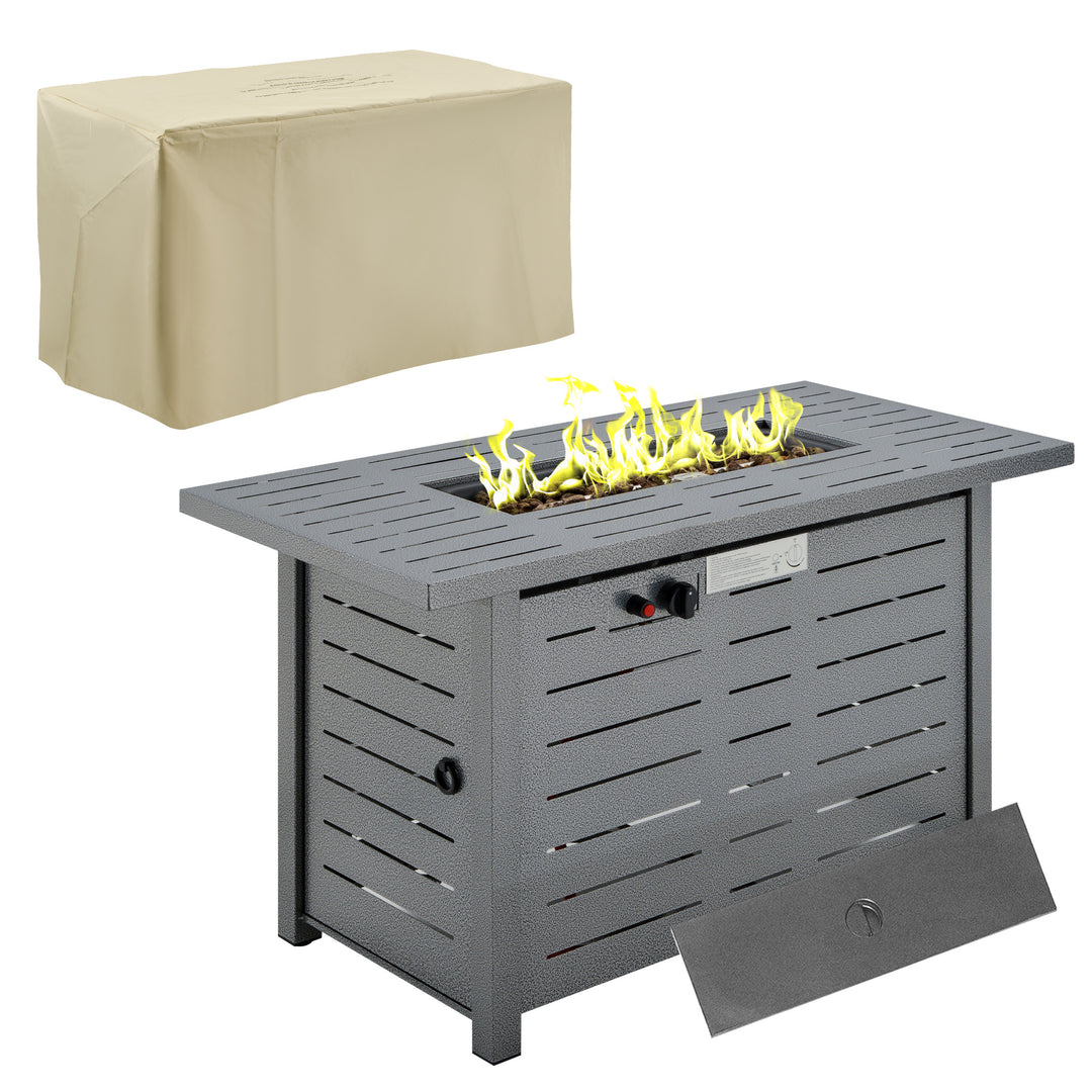 Propane Gas Fire Pit Table, 50000BTU Smokeless Firepit Outdoor Patio Heater with Protective Cover, Lava Rocks and Lid, 107cm x 51cm x 63cm, Silver Grey