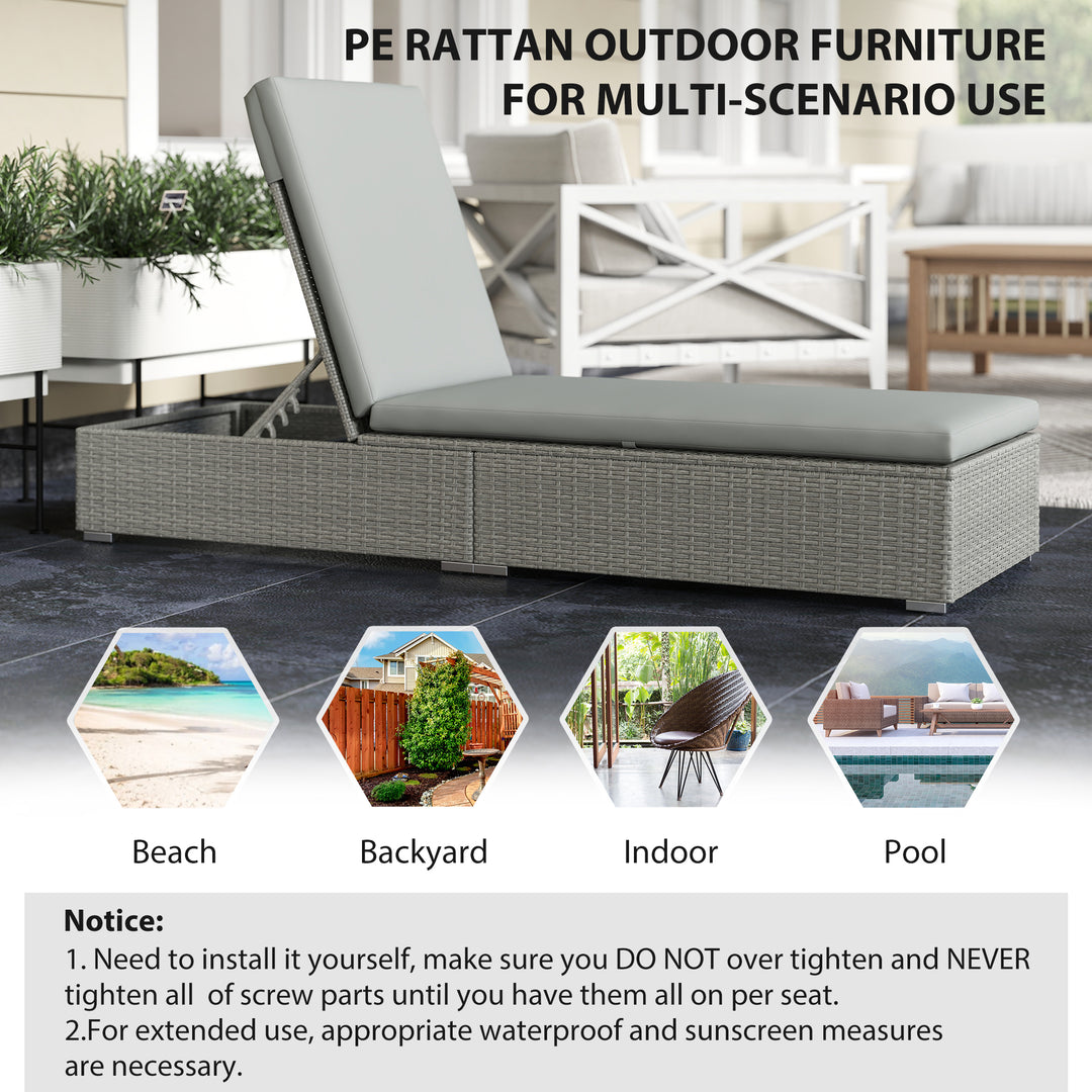 Rattan Sun Lounger, Five-Position Reclining Garden Lounger Bed with Cu