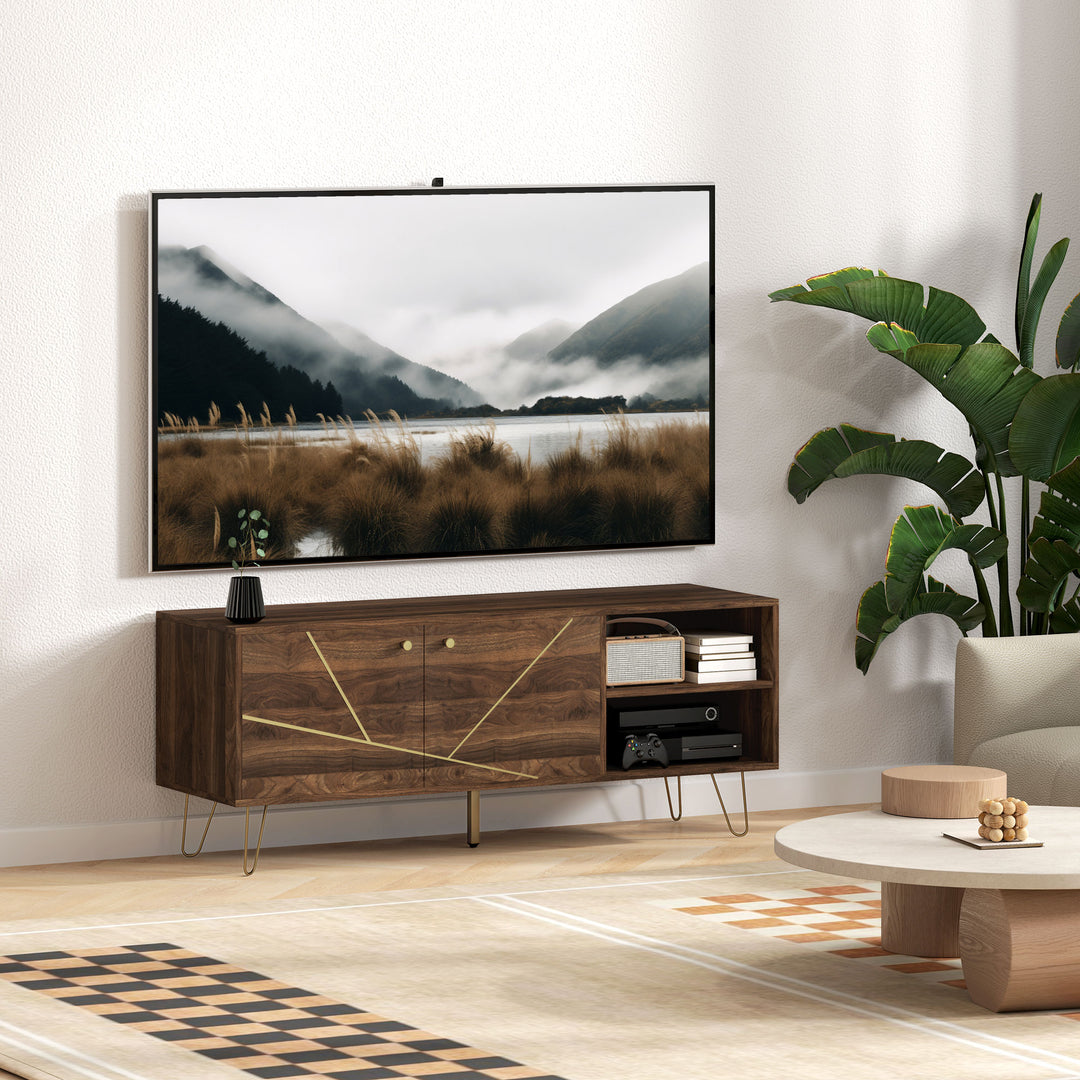 TV Stand Cabinet for up to 60 Inch TV, Modern 130cm TV Unit with Adjustable Shelves and Hairpin Legs, Double Door TV Cabinet for Living Room, Bedroom, Brown