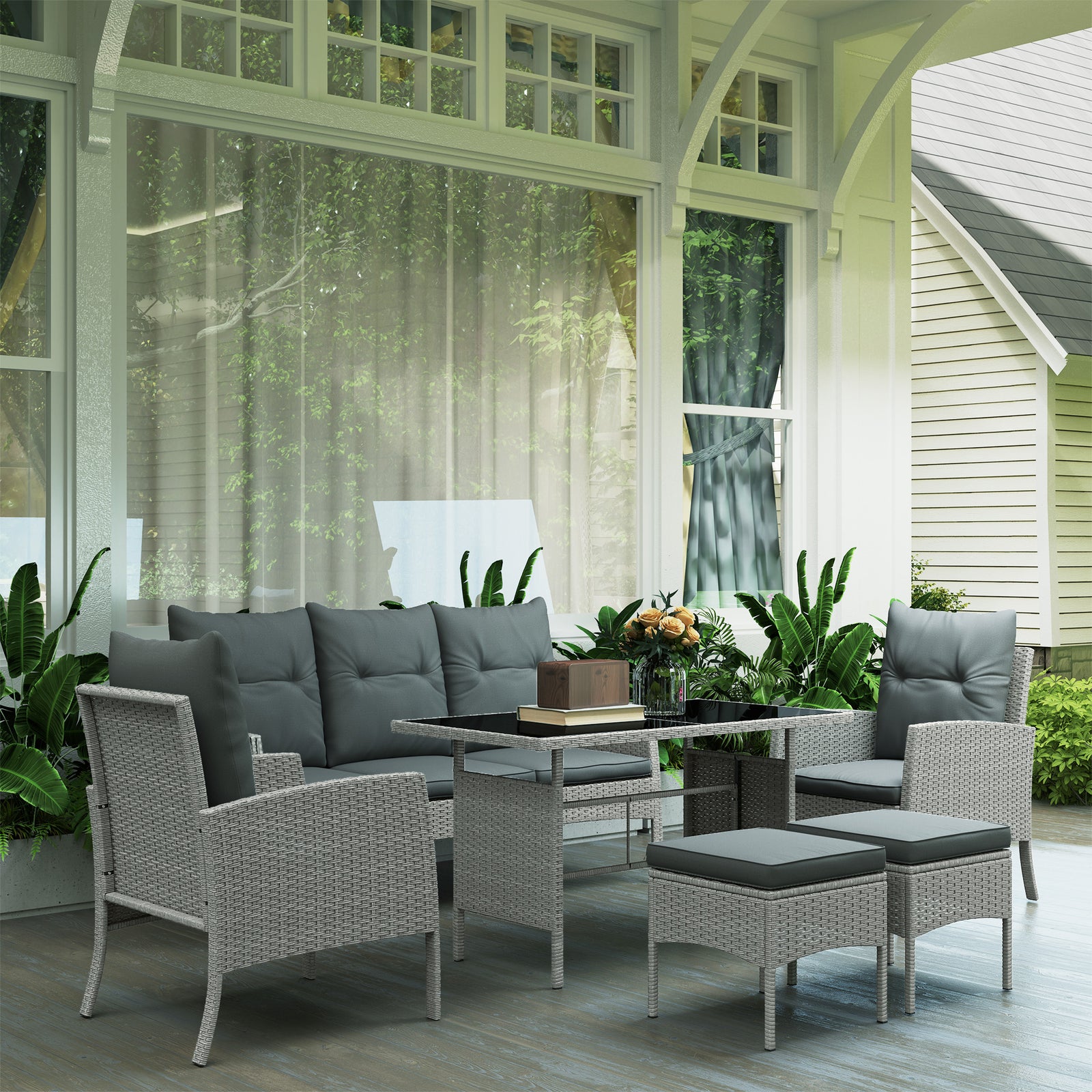 5 Seater Rattan Garden Furniture Set, 2 Armchairs, 3-Seater Wicker Sofa, 2 Footstools and Glass Table, 6 Piece Patio Rattan furniture Sofa Sets with Cushions for Conservatory, Grey