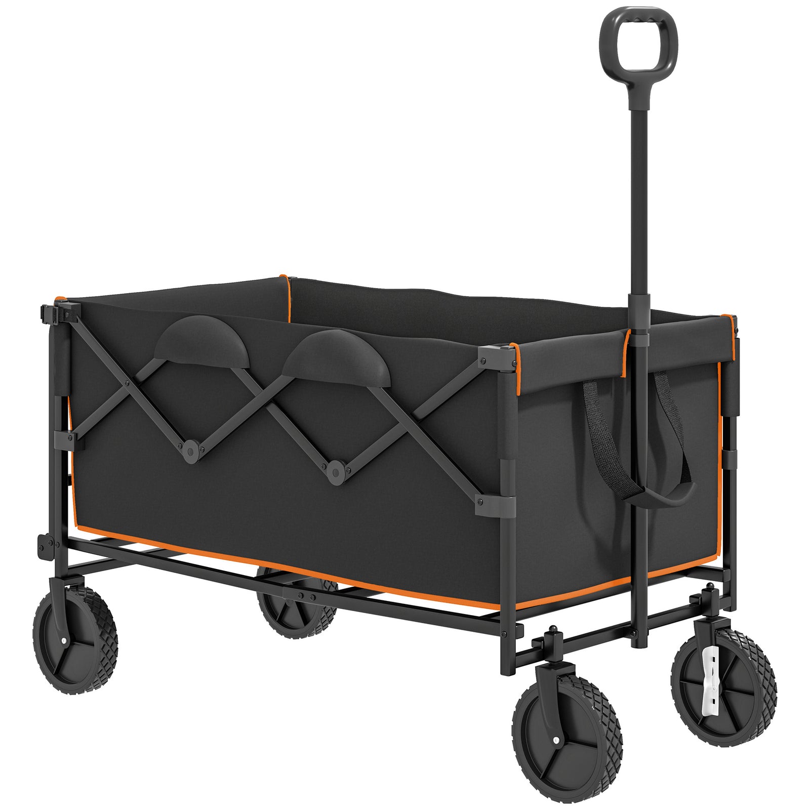 160L Festival Trolley on Wheels, Folding Camping Trolley Cart w/ Tailgate, 100kg Heavy Duty Garden Collapsible Folding Wagon w/Adjustable Handle, Carry Bag for Beach Picnic, Black and Orange