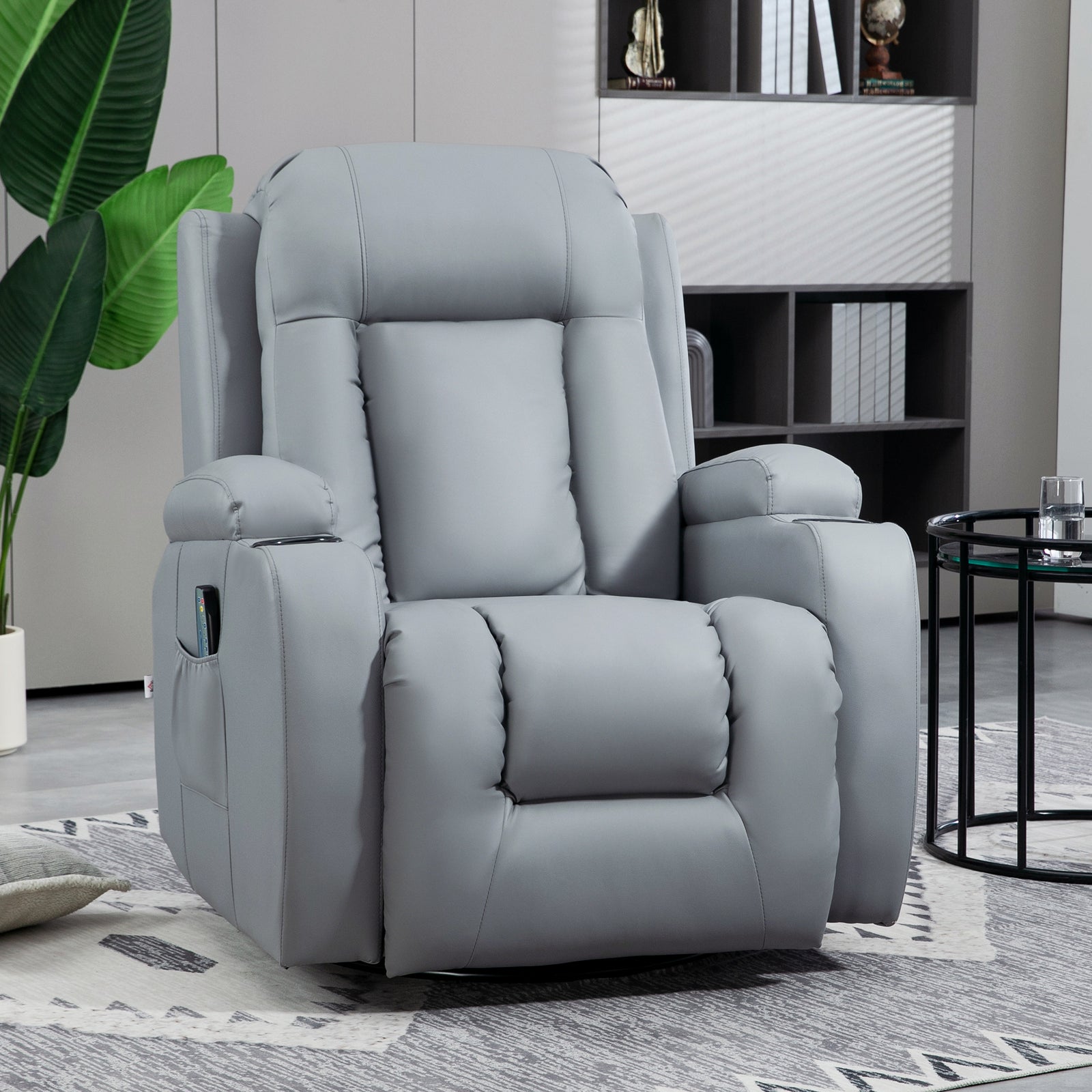Massage Recliner Chair with 8 Vibration & Heat, PU Leather Recliner Armchair with Cup Holders and Side Pockets, Manual Reclining Chair with Remote, 360° Swivel, Rocking, Light Grey