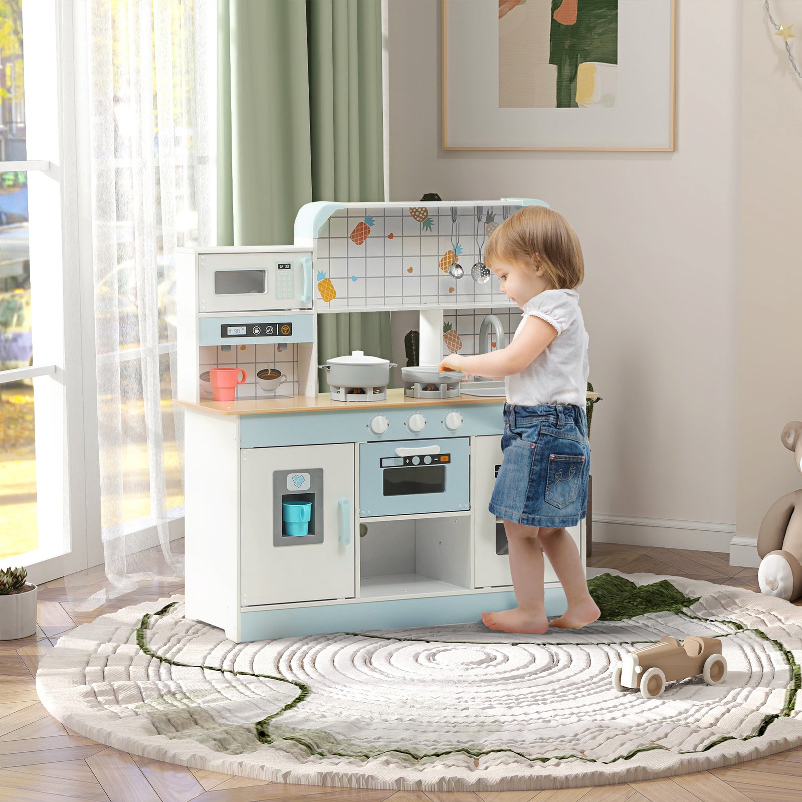 AIYAPLAY Toy Kitchen, Pretend Role Play Kitchen with Hob, Sound, Light, Coffee Machine, Ice Maker, Microwave
