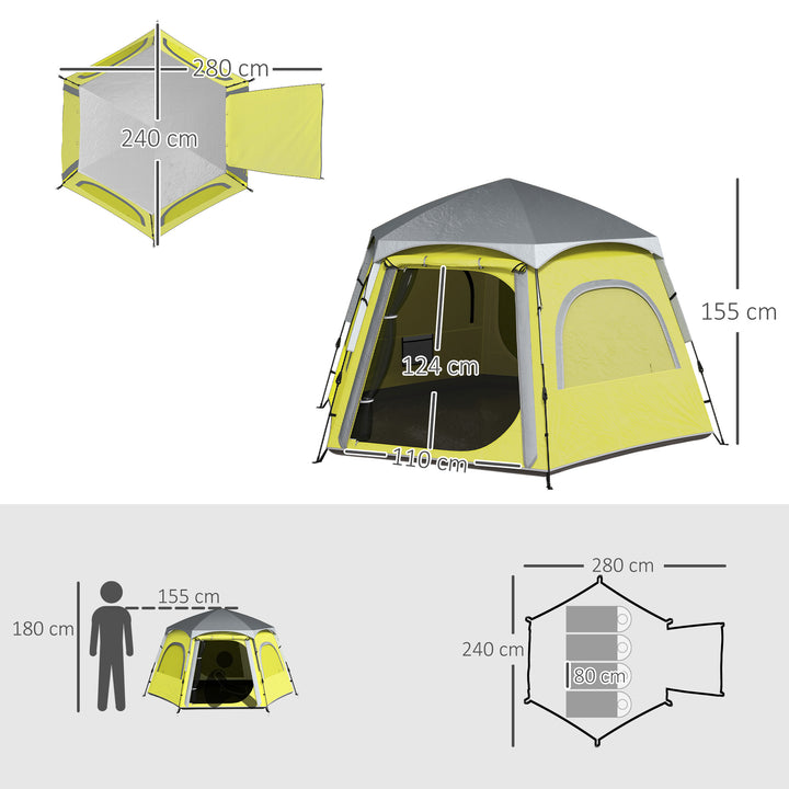 Instant Pop Up Camping Tent, 2/3/4 Person Easy Setup Dome Family Tent with Vestibule, Rainfly, 4 Mesh Windows & 2 Doors, Hexagonal Design, Waterproof & UV Protected, Yellow Green