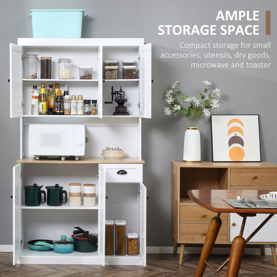 180cm Freestanding Kitchen Cabinet, Modern Storage Cupboard with Open Countertop, Drawer and 6 Doors, White