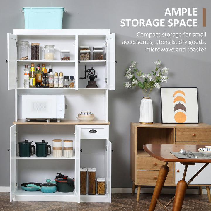 180cm Freestanding Kitchen Cabinet, Modern Storage Cupboard with Open Countertop, Drawer and 6 Doors, White