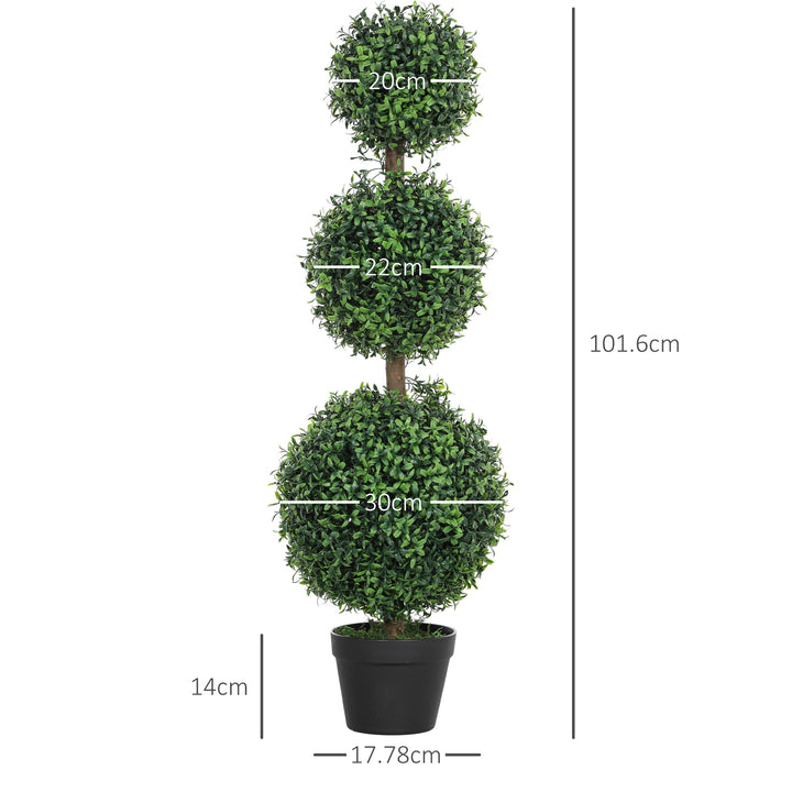 Set of 2 Decorative Artificial Trees, Topiary Ball-shaped Boxwood Trees in Pot, Fake Plants for Home Indoor outdoor Decor, 100cm, Green