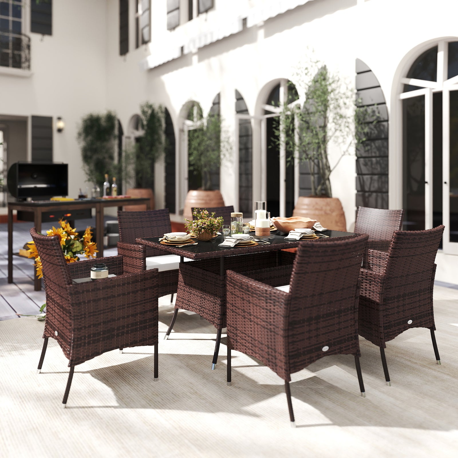 6 Seater Rattan Dining Set with Cushions, Rattan Garden Furniture Set with 6 Armchairs, Rectangular Glass Top Table, Outdoor Dining Table and Chairs, Brown