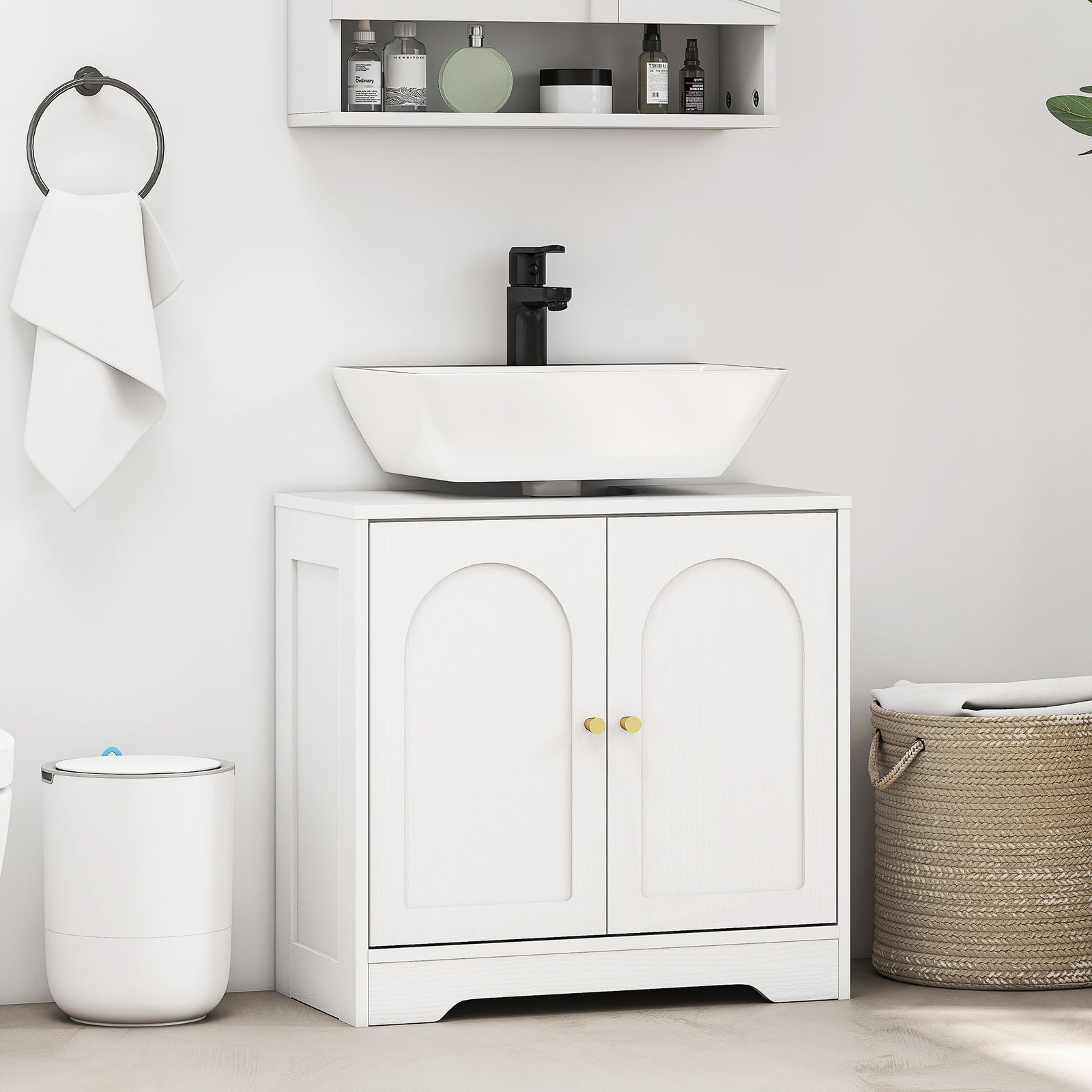 Under Sink Bathroom Cabinet with 2 Arch Doors - White